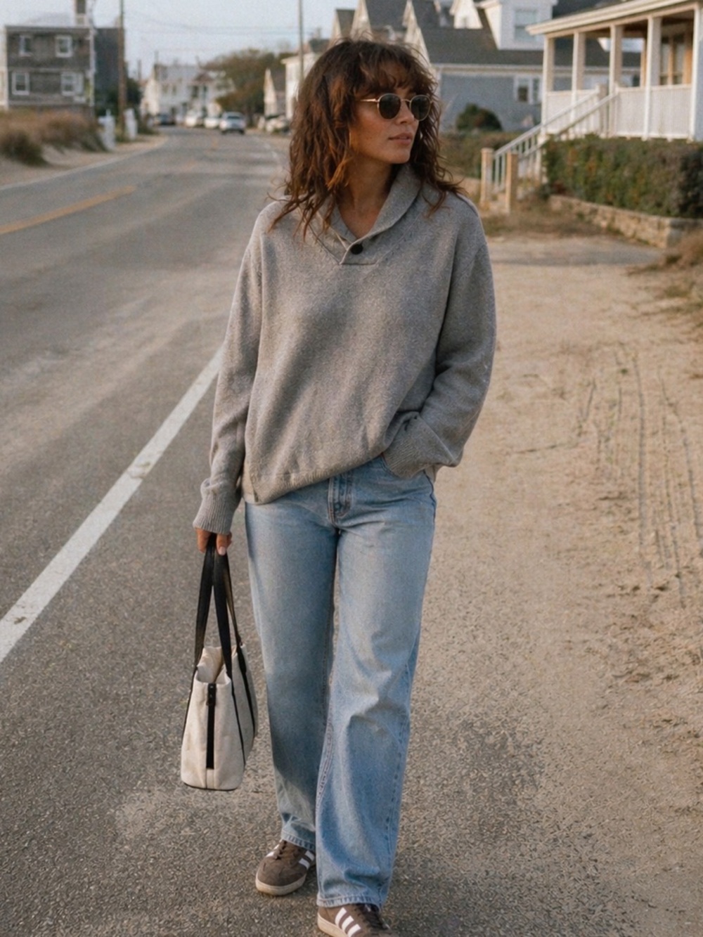Weatherproof Vintage Gray Shawl Collar Sweater Preppy Neutral Minimalist Cotton